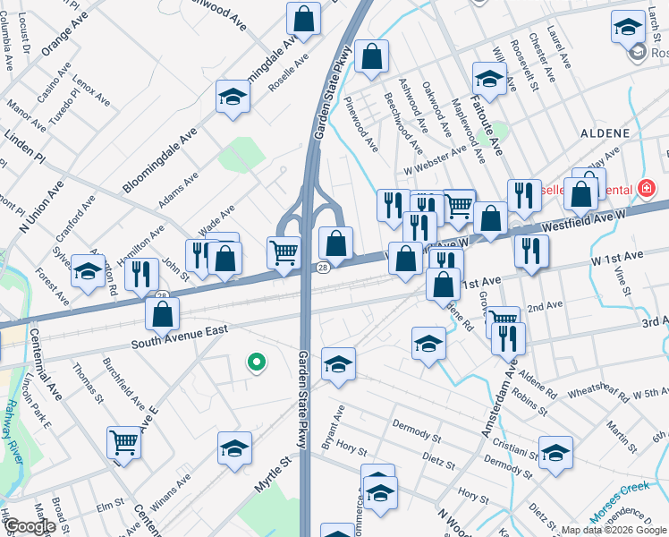 map of restaurants, bars, coffee shops, grocery stores, and more near 420 North Avenue East in Cranford