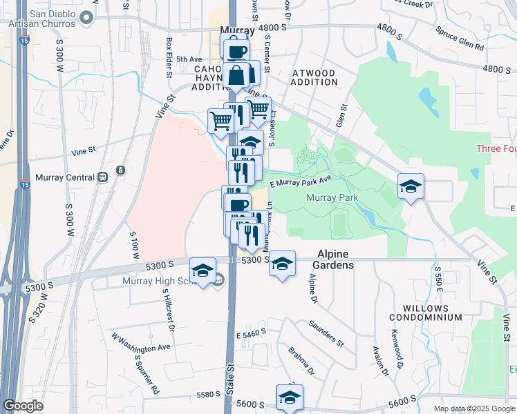 map of restaurants, bars, coffee shops, grocery stores, and more near 5181 South State Street in Murray