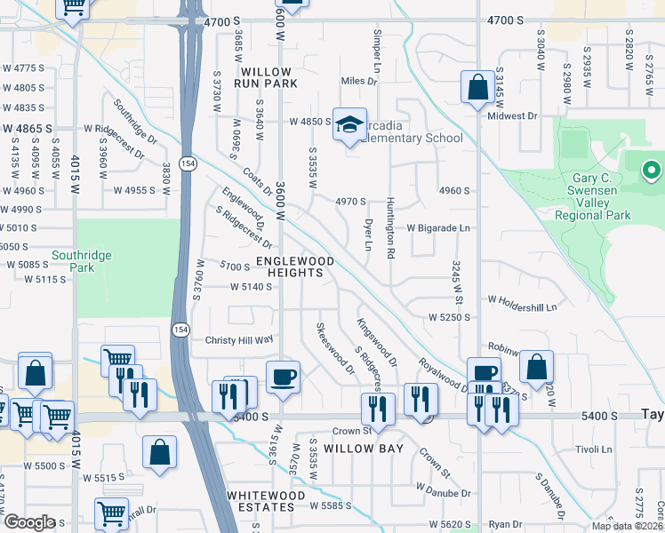 map of restaurants, bars, coffee shops, grocery stores, and more near 3492 Ridgecrest Circle in Salt Lake City