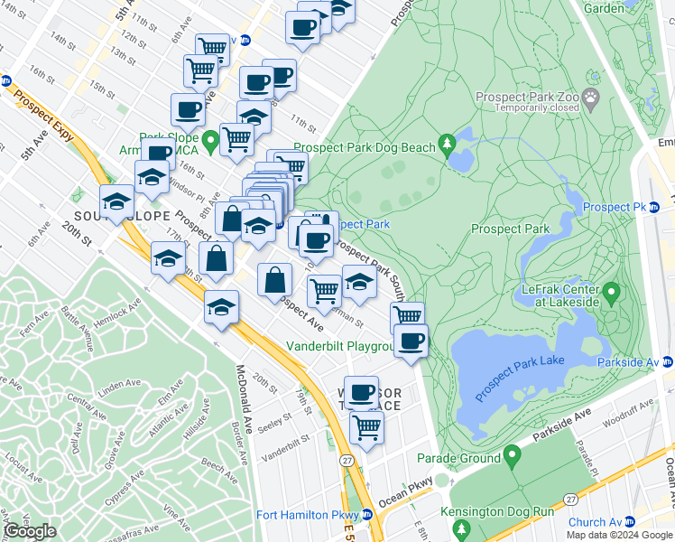map of restaurants, bars, coffee shops, grocery stores, and more near 522 16th Street in Brooklyn