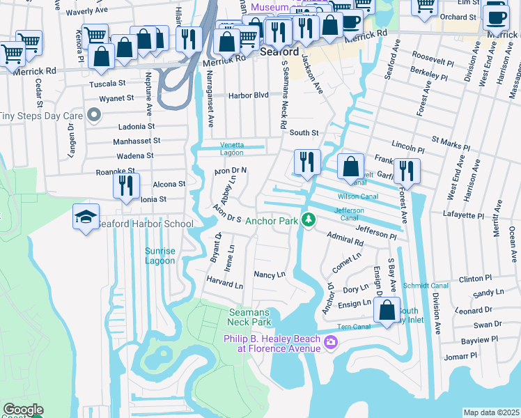 map of restaurants, bars, coffee shops, grocery stores, and more near 2523 South Seamans Neck Road in Seaford