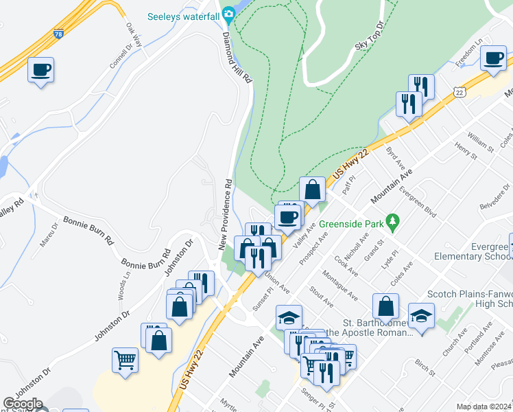 map of restaurants, bars, coffee shops, grocery stores, and more near 607 Donato Circle in Scotch Plains