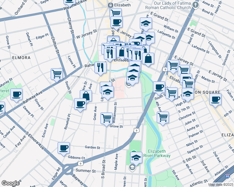 map of restaurants, bars, coffee shops, grocery stores, and more near 240 Williamson Street in Elizabeth