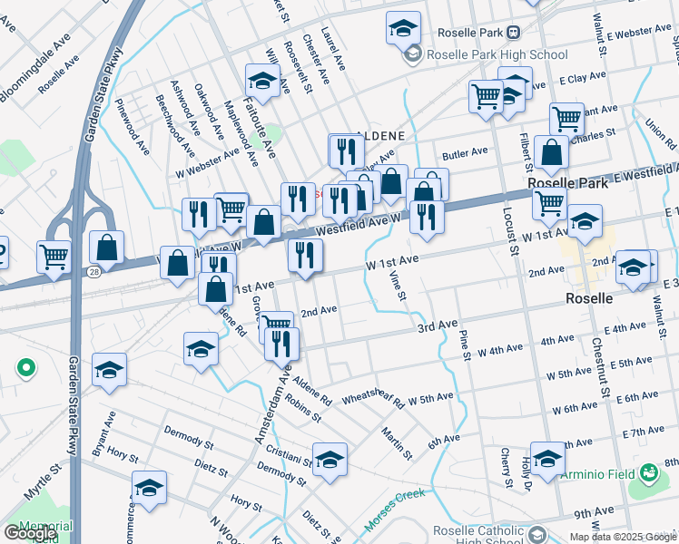 map of restaurants, bars, coffee shops, grocery stores, and more near 450 West 1st Avenue in Roselle