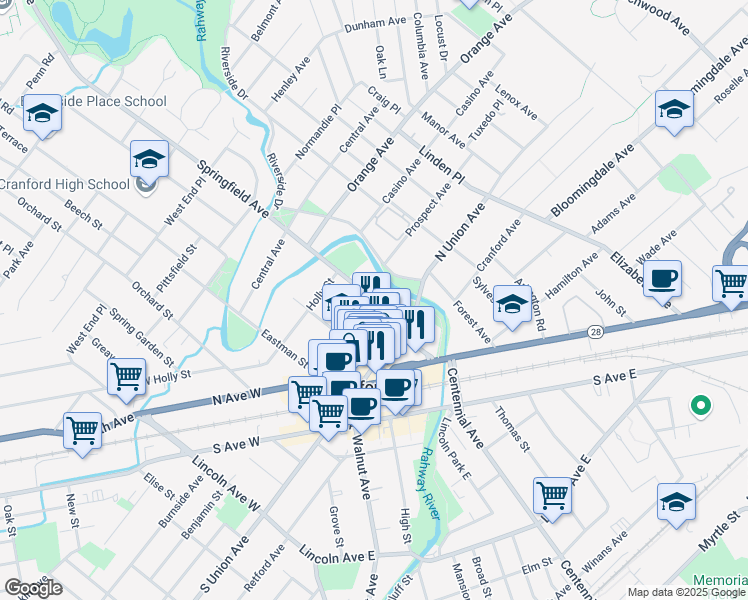 map of restaurants, bars, coffee shops, grocery stores, and more near Springfield Avenue & Miln Street in Cranford