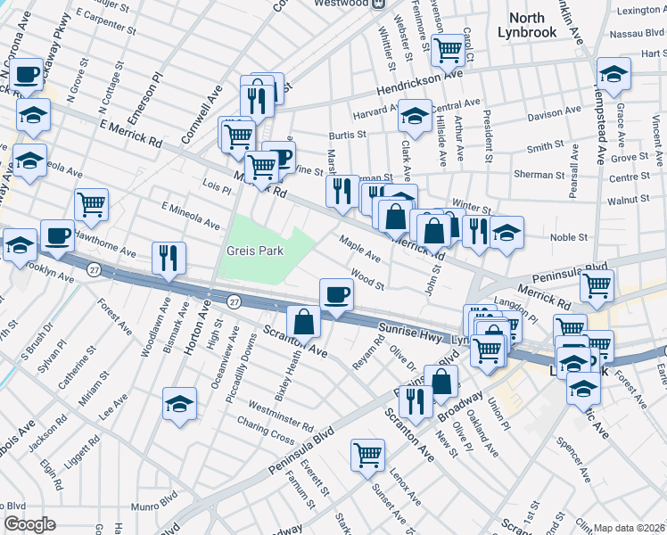 map of restaurants, bars, coffee shops, grocery stores, and more near 24 Acorn Place in Lynbrook