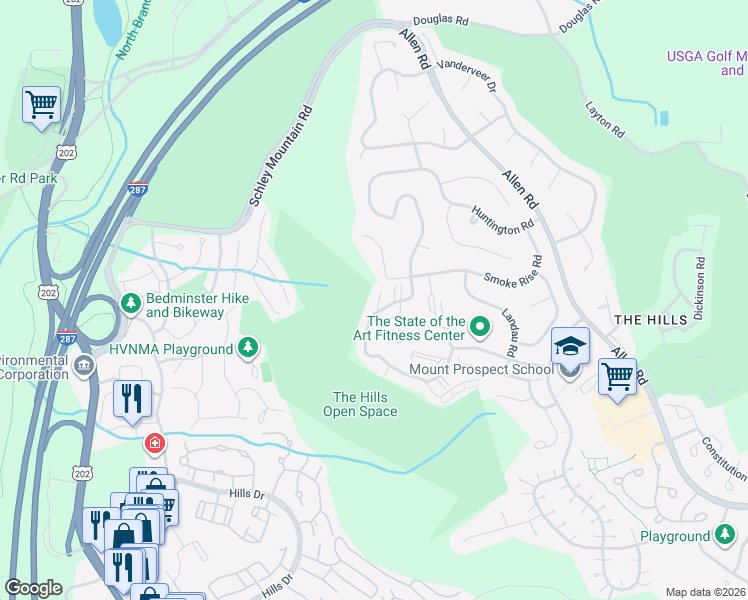 map of restaurants, bars, coffee shops, grocery stores, and more near 9 Danbury Court in Bedminster