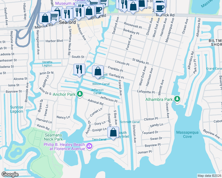 map of restaurants, bars, coffee shops, grocery stores, and more near 54 Jetmore Place in Massapequa