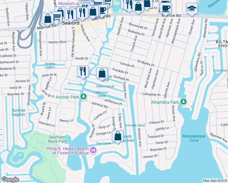 map of restaurants, bars, coffee shops, grocery stores, and more near 54 Jetmore Place in Massapequa