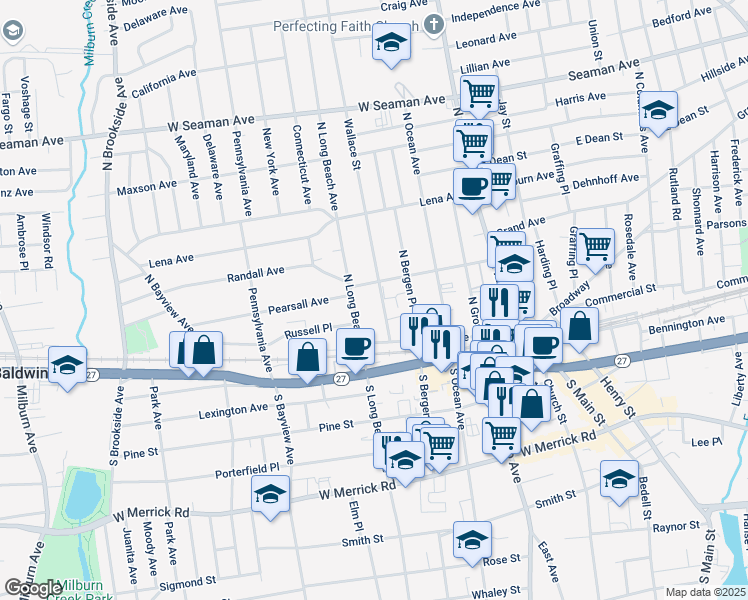 map of restaurants, bars, coffee shops, grocery stores, and more near 99 Randall Avenue in Freeport