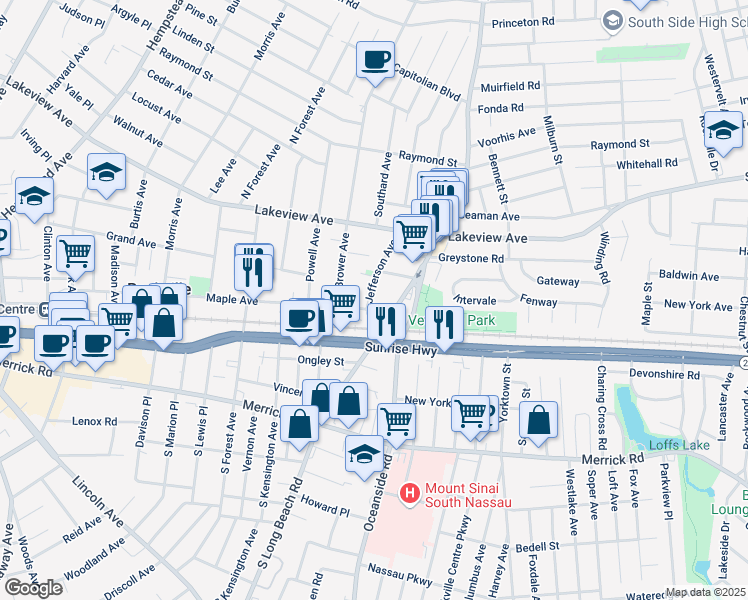 map of restaurants, bars, coffee shops, grocery stores, and more near 24 Jefferson Avenue in Rockville Centre
