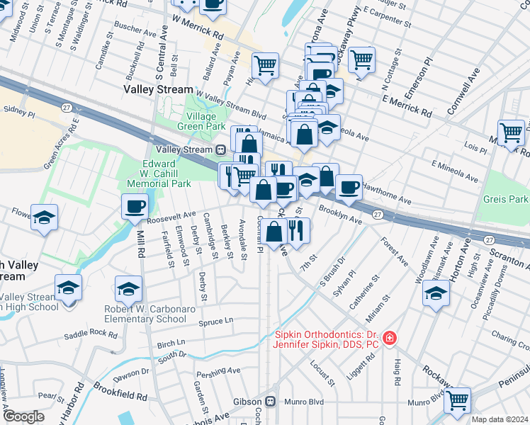map of restaurants, bars, coffee shops, grocery stores, and more near 1918 Legion Place in Valley Stream