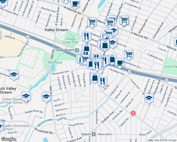 map of restaurants, bars, coffee shops, grocery stores, and more near 1918 Legion Place in Valley Stream