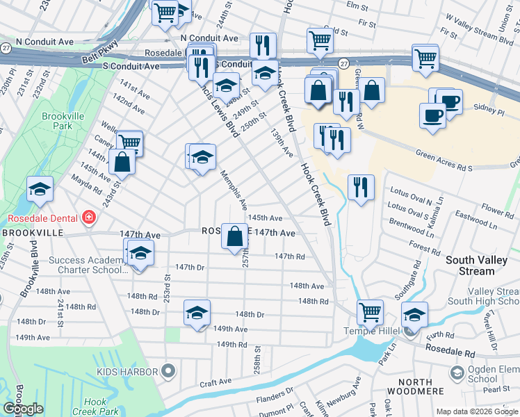 map of restaurants, bars, coffee shops, grocery stores, and more near 257-21 144th Avenue in Queens