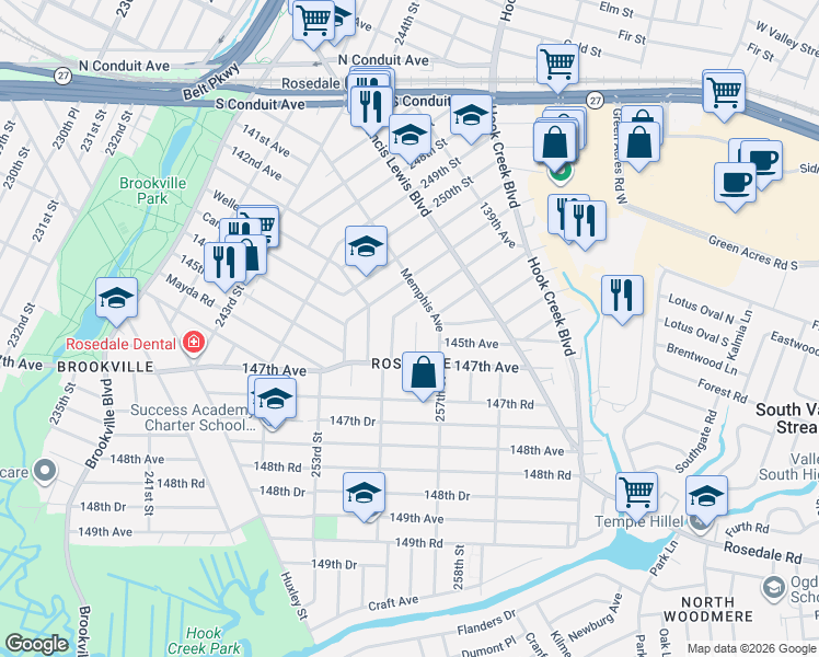 map of restaurants, bars, coffee shops, grocery stores, and more near 254-16 Memphis Avenue in Queens
