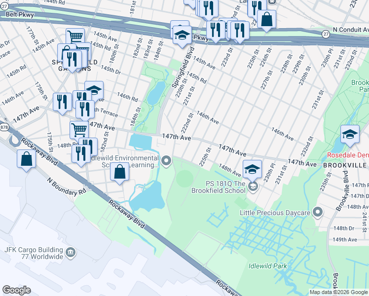 map of restaurants, bars, coffee shops, grocery stores, and more near 221-20 147th Avenue in Queens