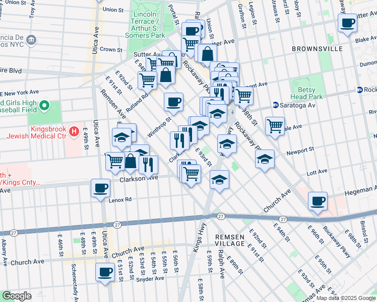 map of restaurants, bars, coffee shops, grocery stores, and more near 274 East 93rd Street in Brooklyn