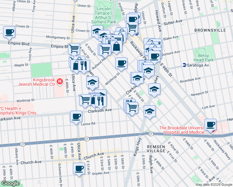 map of restaurants, bars, coffee shops, grocery stores, and more near 234 East 91st Street in Brooklyn