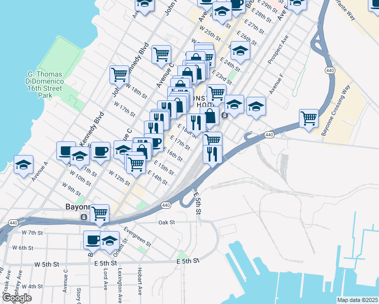 map of restaurants, bars, coffee shops, grocery stores, and more near 153 Avenue E in Bayonne