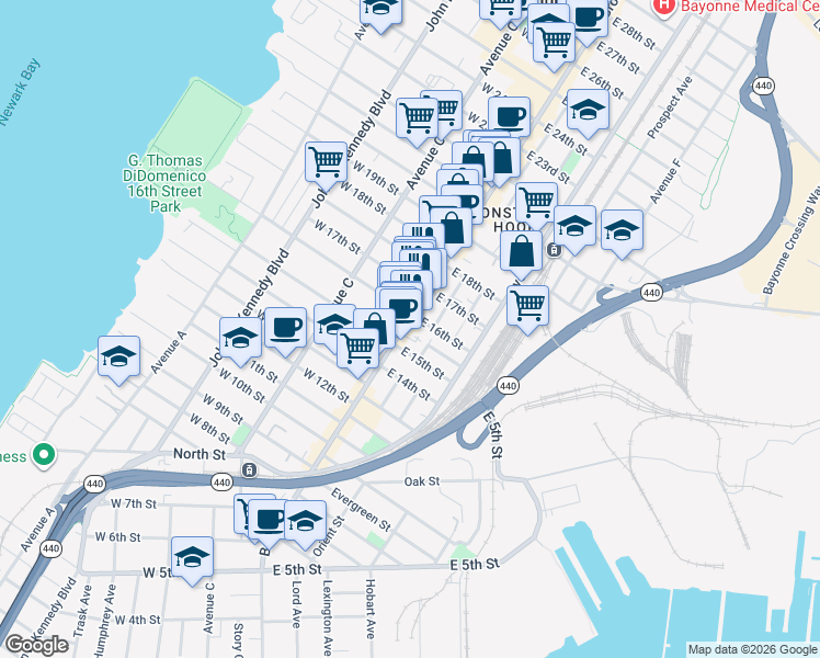 map of restaurants, bars, coffee shops, grocery stores, and more near 355 Broadway in Bayonne