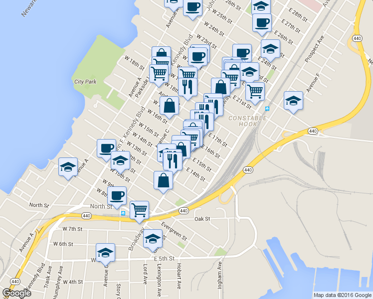 map of restaurants, bars, coffee shops, grocery stores, and more near 27-29 East 15th Street in Bayonne