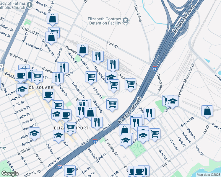map of restaurants, bars, coffee shops, grocery stores, and more near 521 Magnolia Avenue in Elizabeth
