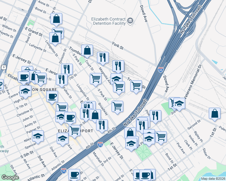 map of restaurants, bars, coffee shops, grocery stores, and more near 521 Magnolia Avenue in Elizabeth