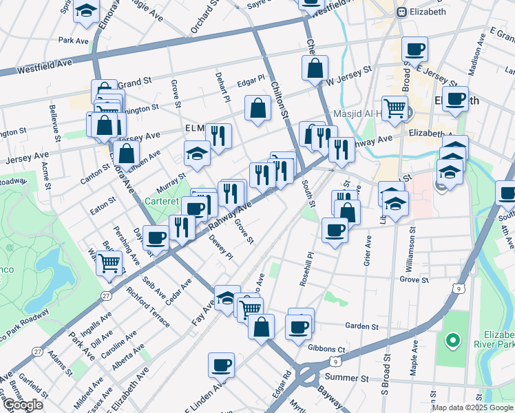 map of restaurants, bars, coffee shops, grocery stores, and more near 323 Rahway Avenue in Elizabeth