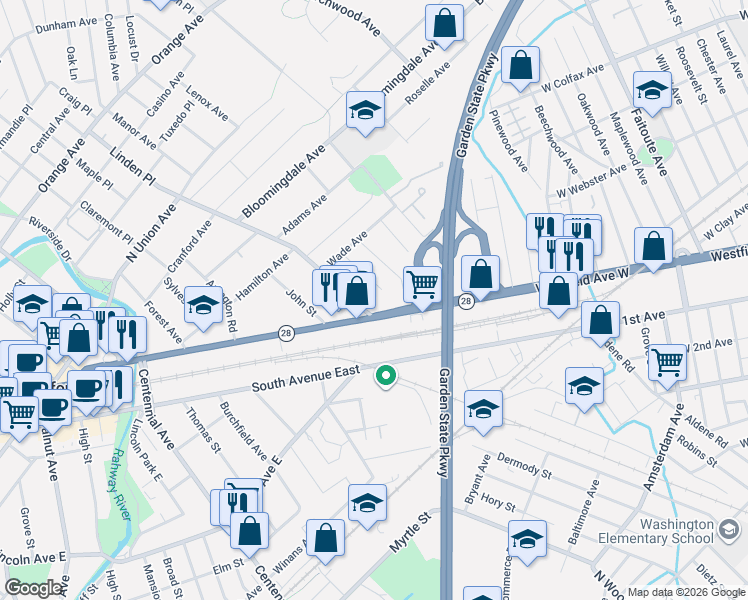 map of restaurants, bars, coffee shops, grocery stores, and more near 218 Scherrer Street in Cranford
