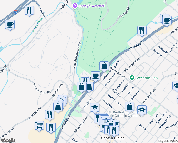 map of restaurants, bars, coffee shops, grocery stores, and more near 607 Donato Circle in Scotch Plains