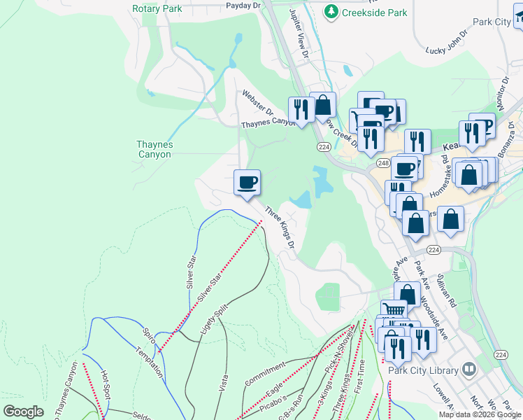 map of restaurants, bars, coffee shops, grocery stores, and more near 1875 Three Kings Drive in Park City