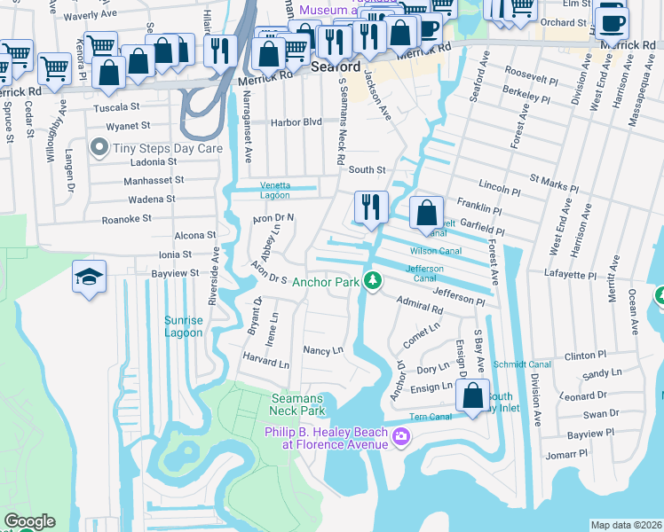 map of restaurants, bars, coffee shops, grocery stores, and more near 3902 Beacon Road in Seaford
