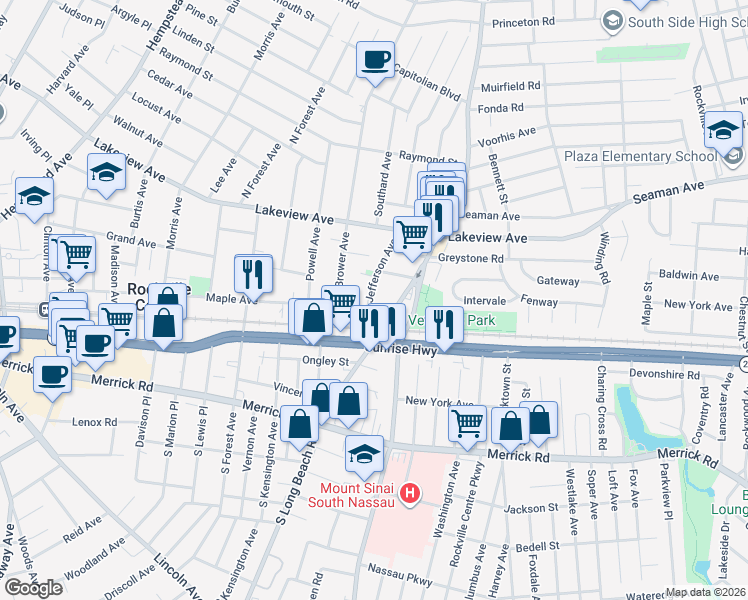 map of restaurants, bars, coffee shops, grocery stores, and more near 24 Jefferson Avenue in Rockville Centre