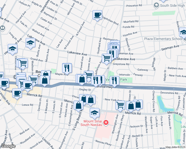 map of restaurants, bars, coffee shops, grocery stores, and more near 24 Jefferson Avenue in Rockville Centre