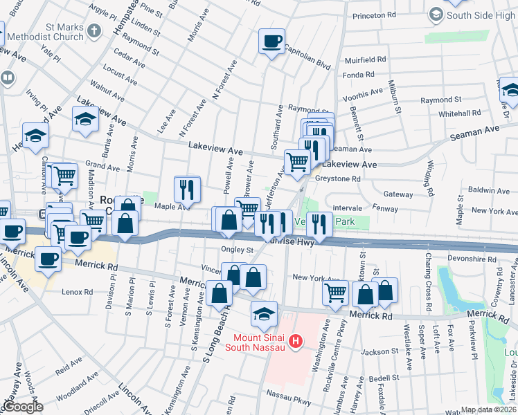 map of restaurants, bars, coffee shops, grocery stores, and more near 24 Jefferson Avenue in Rockville Centre