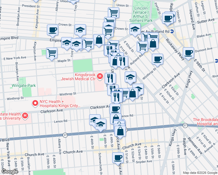 map of restaurants, bars, coffee shops, grocery stores, and more near 135 East 49th Street in Brooklyn