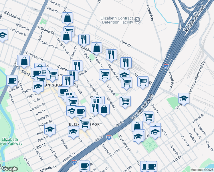 map of restaurants, bars, coffee shops, grocery stores, and more near 600 South Park Street in Elizabeth