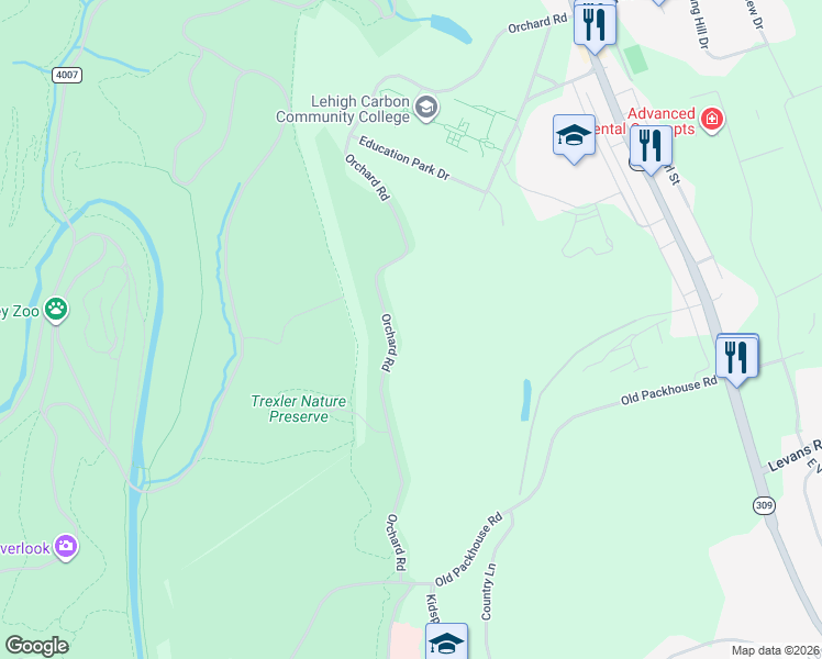 map of restaurants, bars, coffee shops, grocery stores, and more near 4850 Orchard Road in Schnecksville