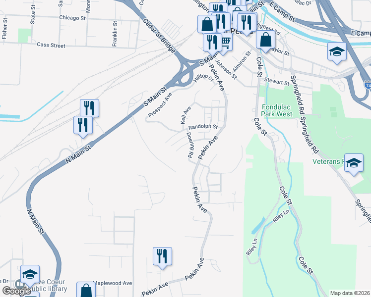 map of restaurants, bars, coffee shops, grocery stores, and more near 222 Crescent Avenue in East Peoria