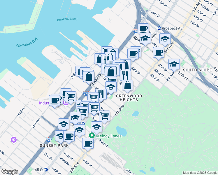 map of restaurants, bars, coffee shops, grocery stores, and more near 141 28th Street in Brooklyn