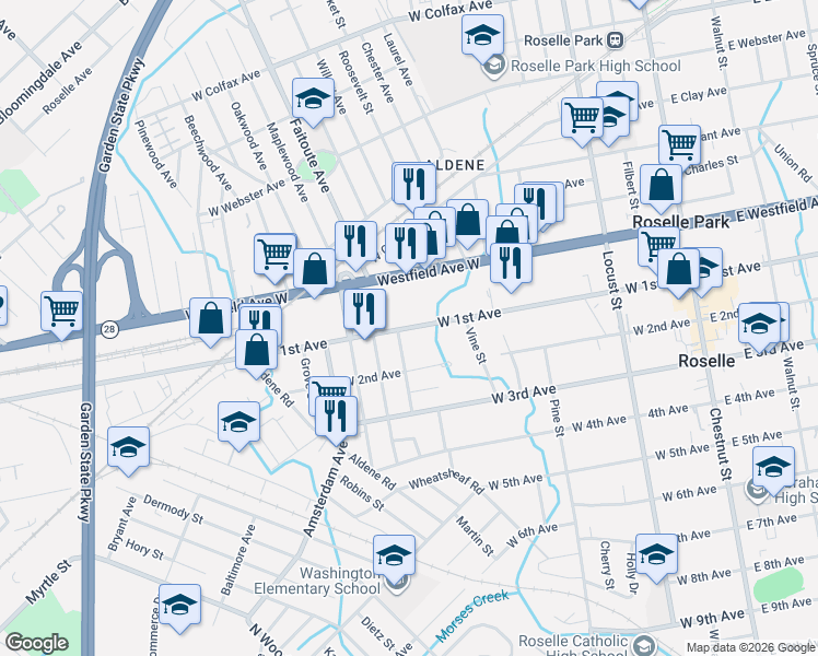 map of restaurants, bars, coffee shops, grocery stores, and more near 420 1st Avenue in Roselle Borough