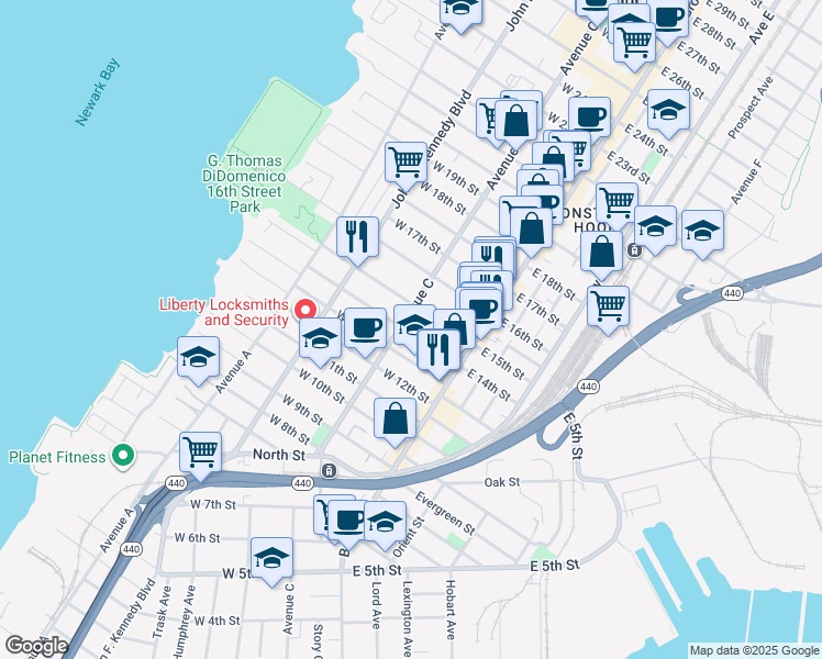 map of restaurants, bars, coffee shops, grocery stores, and more near 348 Avenue C in Bayonne