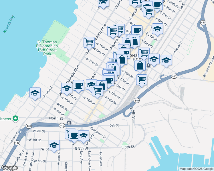 map of restaurants, bars, coffee shops, grocery stores, and more near 351 Broadway in Bayonne