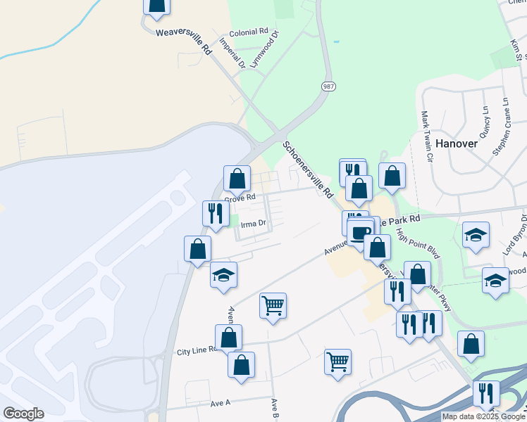 map of restaurants, bars, coffee shops, grocery stores, and more near 2276 Grove Road in Allentown