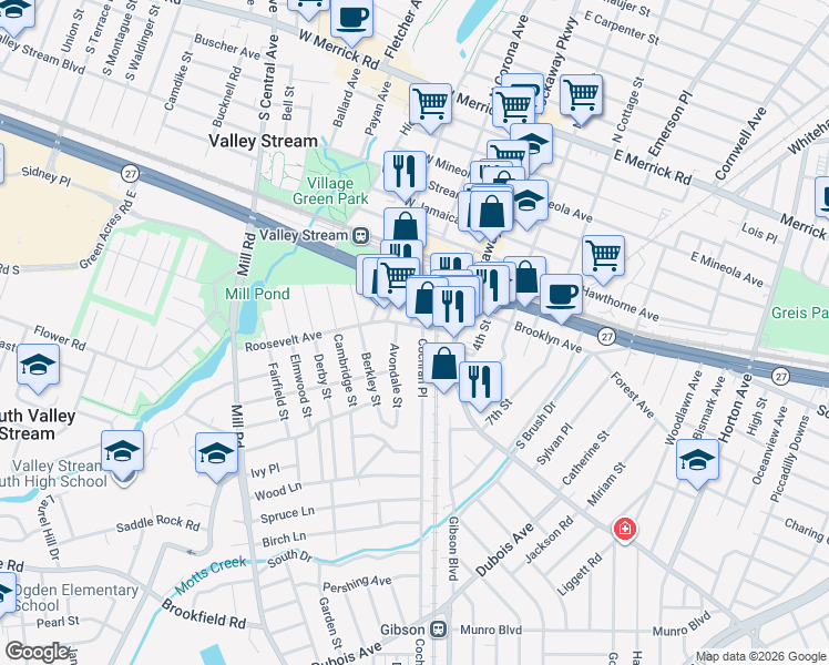 map of restaurants, bars, coffee shops, grocery stores, and more near 1918 Legion Place in Valley Stream