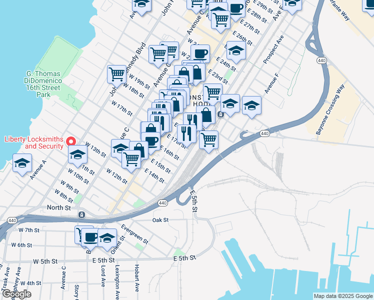 map of restaurants, bars, coffee shops, grocery stores, and more near 153 Avenue E in Bayonne