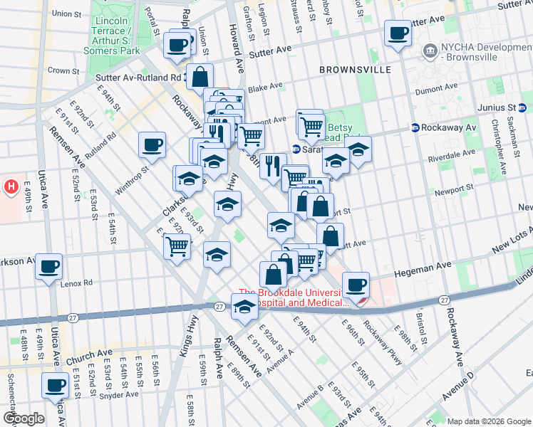 map of restaurants, bars, coffee shops, grocery stores, and more near 1130 Lenox Road in Brooklyn