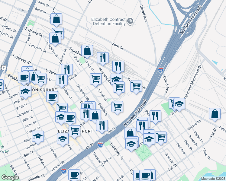 map of restaurants, bars, coffee shops, grocery stores, and more near 521 Magnolia Avenue in Elizabeth