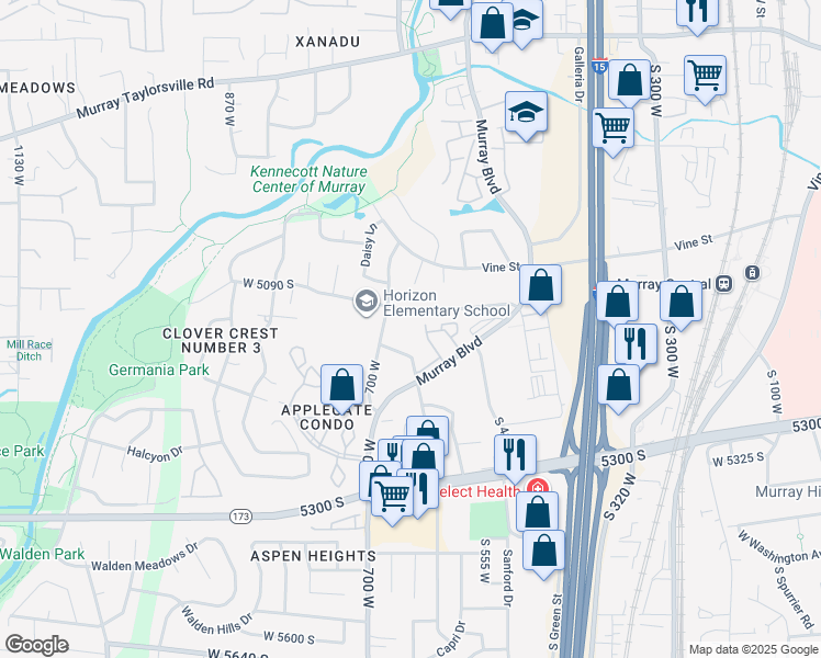 map of restaurants, bars, coffee shops, grocery stores, and more near 5235 Glendon Street West in Murray