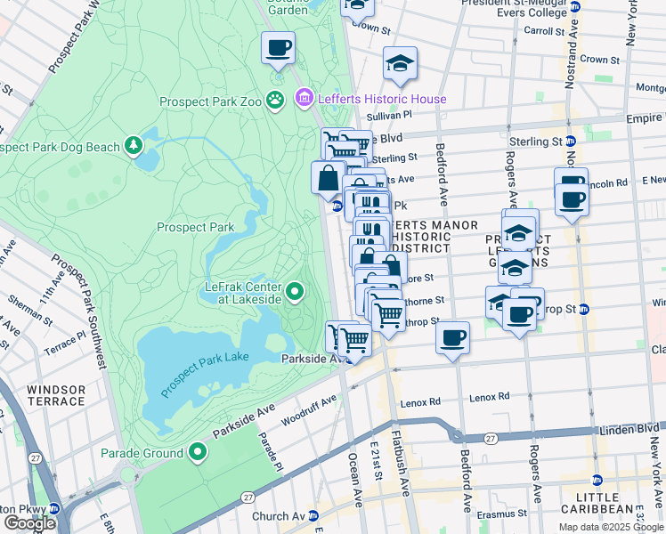 map of restaurants, bars, coffee shops, grocery stores, and more near 153 Ocean Avenue in Brooklyn